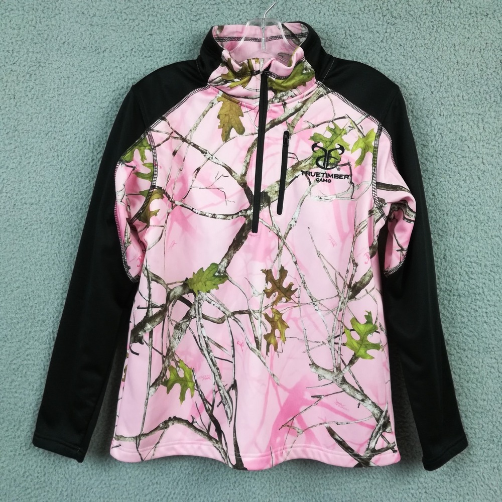 True Timber Womens Jacket Fleece Half Zip Camo Pink Black Woodland Pullover M